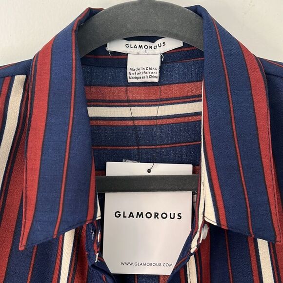 NWT Asos Glamorous Striped Button front shirt Dress small navy burgundy - Picture 2 of 10